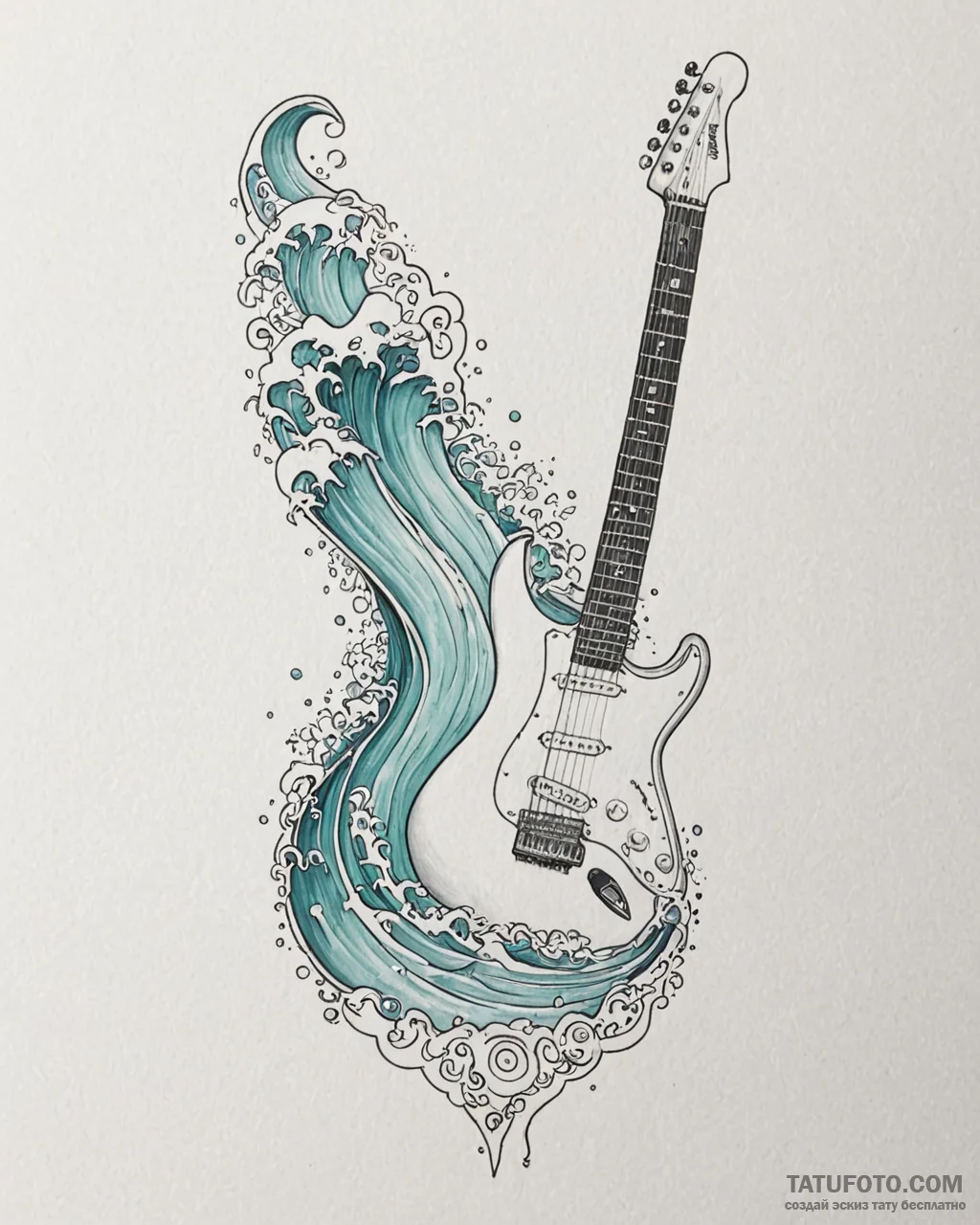 Tat tattoo sketch, electric guitar with ocean... - эскиз тату (№1753390746_0, 24.07.2025 20:59) — Tatufoto.com