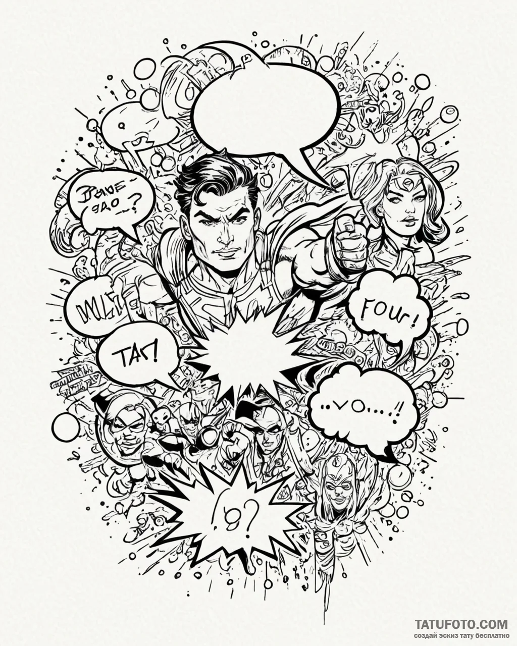Tat tattoo sketch, comic book fan with dynami... - эскиз тату (№1753391574_0, 24.07.2025 21:12) — Tatufoto.com