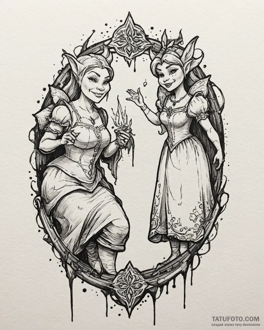 Eskizto, tattoo sketch, shrek and fairy godmo... - эскиз тату (№1753393434_0, 24.07.2025 21:43) — Tatufoto.com