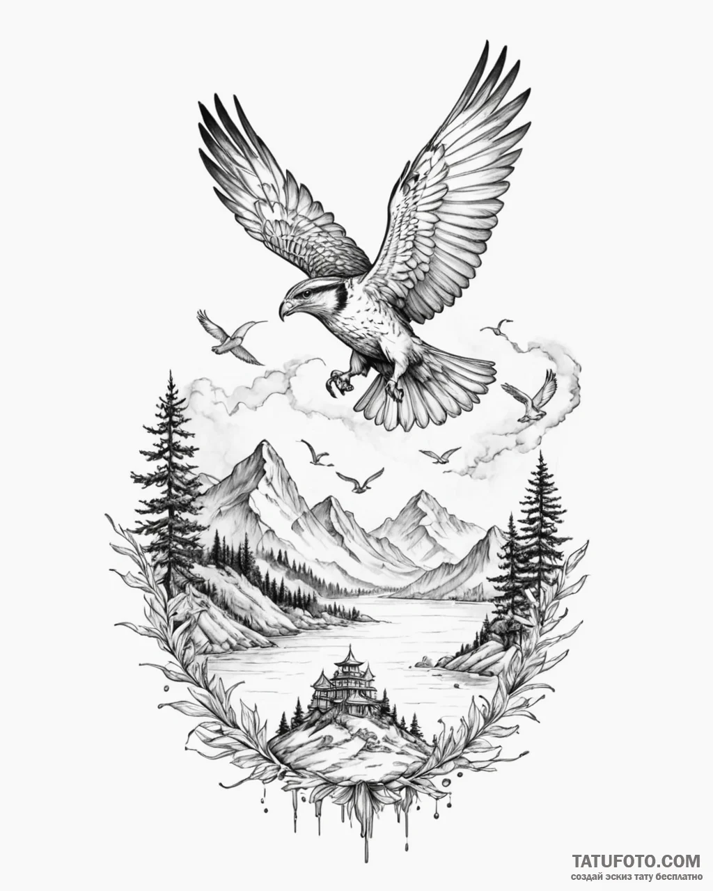 Tattoo sketch, sparrowhawk flying over island... - эскиз тату (№1753394675_0, 24.07.2025 22:04) — Tatufoto.com