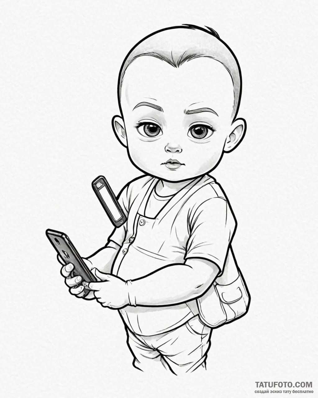 Tattoo sketch, boss baby holding smartphone,... - эскиз тату (№1753396333_0, 24.07.2025 22:32) — Tatufoto.com