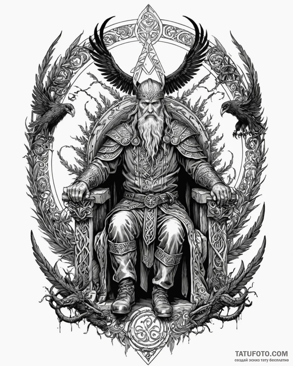 Tattoo sketch, odin seated on throne of raven... - эскиз тату (№1753398184_0, 24.07.2025 23:03) — Tatufoto.com