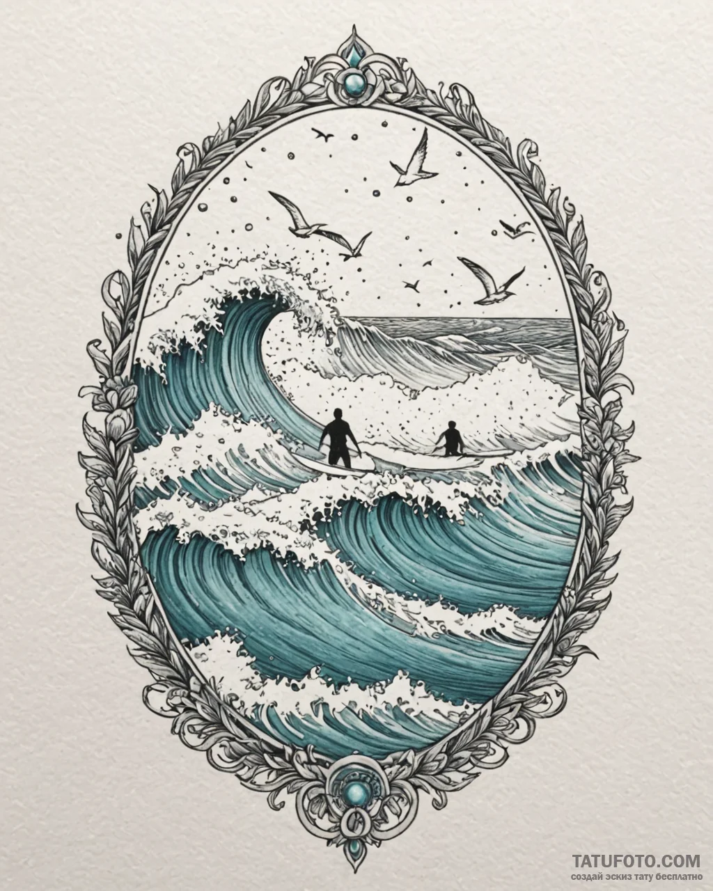 Tat tattoo sketch, surfer carving through tur... - эскиз тату (№1753401872_0, 25.07.2025 00:04) — Tatufoto.com