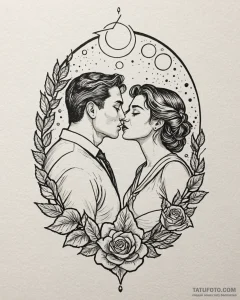 Tat tattoo sketch, romantic couple kissing un... - эскиз тату (№1753402691_0, 25.07.2025 00:18) — Tatufoto.com