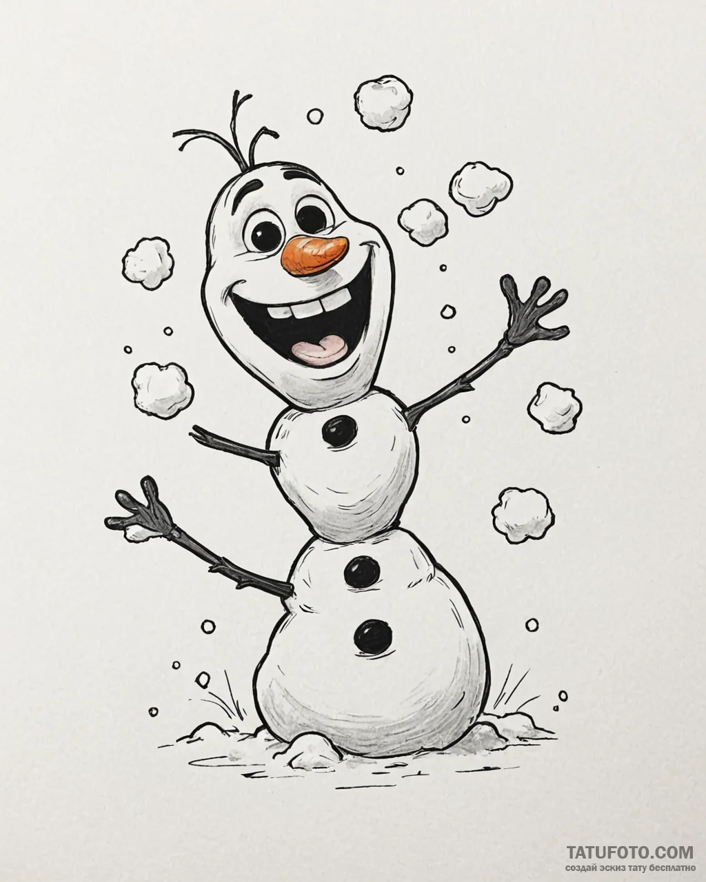 Tattoo sketch, olaf laughing with snowballs f... - эскиз тату (№1753405785_0, 25.07.2025 01:09) — Tatufoto.com