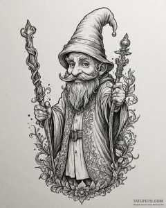 Tattoo sketch, papa smurf with staff and hood... - эскиз тату (№1753406605_0, 25.07.2025 01:23) — Tatufoto.com