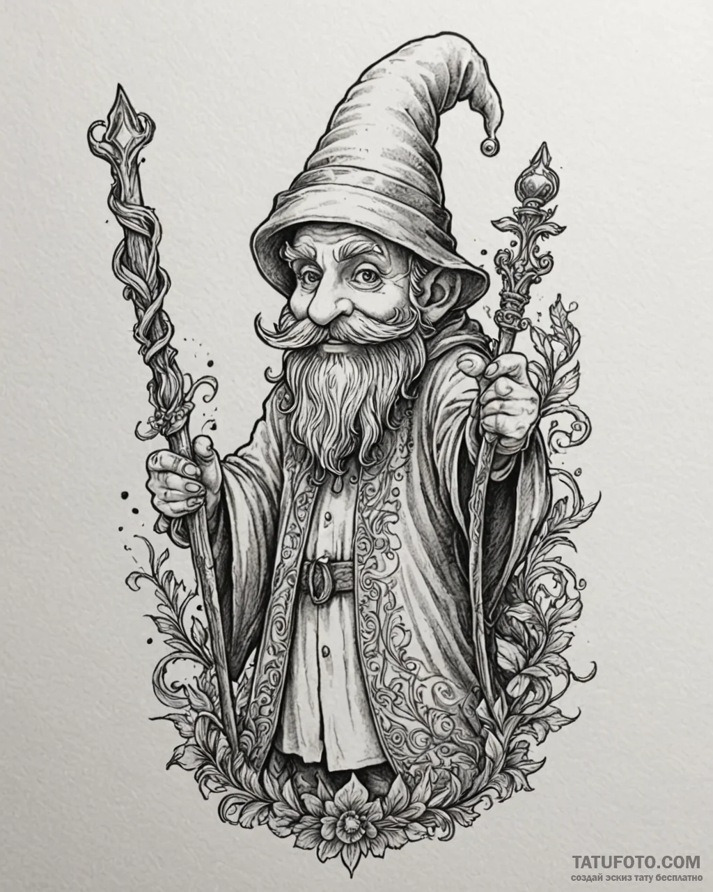 Tattoo sketch, papa smurf with staff and hood... - эскиз тату (№1753406605_0, 25.07.2025 01:23) — Tatufoto.com