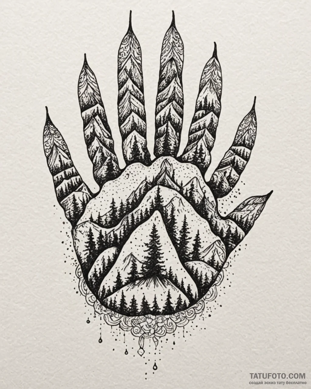 Tattoo sketch, kenai’s bear paw with mountain... - эскиз тату (№1753406811_0, 25.07.2025 01:26) — Tatufoto.com