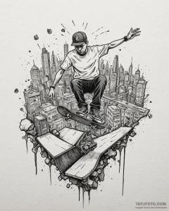 Tattoo sketch, skateboarding youth performing... - эскиз тату (№1753407222_0, 25.07.2025 01:33) — Tatufoto.com
