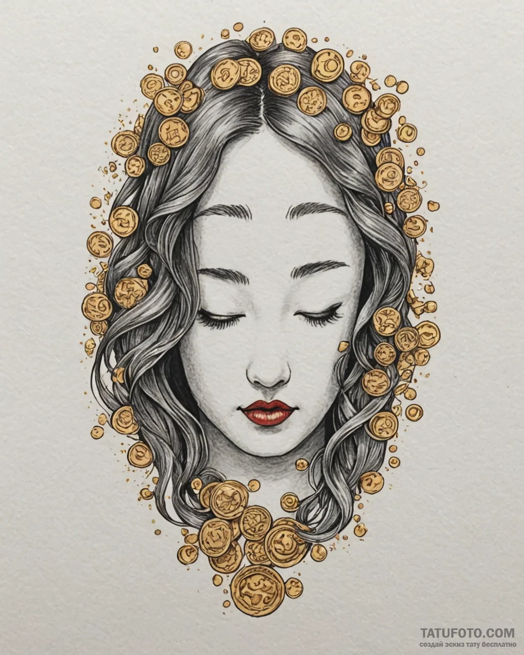 Tattoo sketch, no-face surrounded by gold coi... - эскиз тату (№1753407631_0, 25.07.2025 01:40) — Tatufoto.com