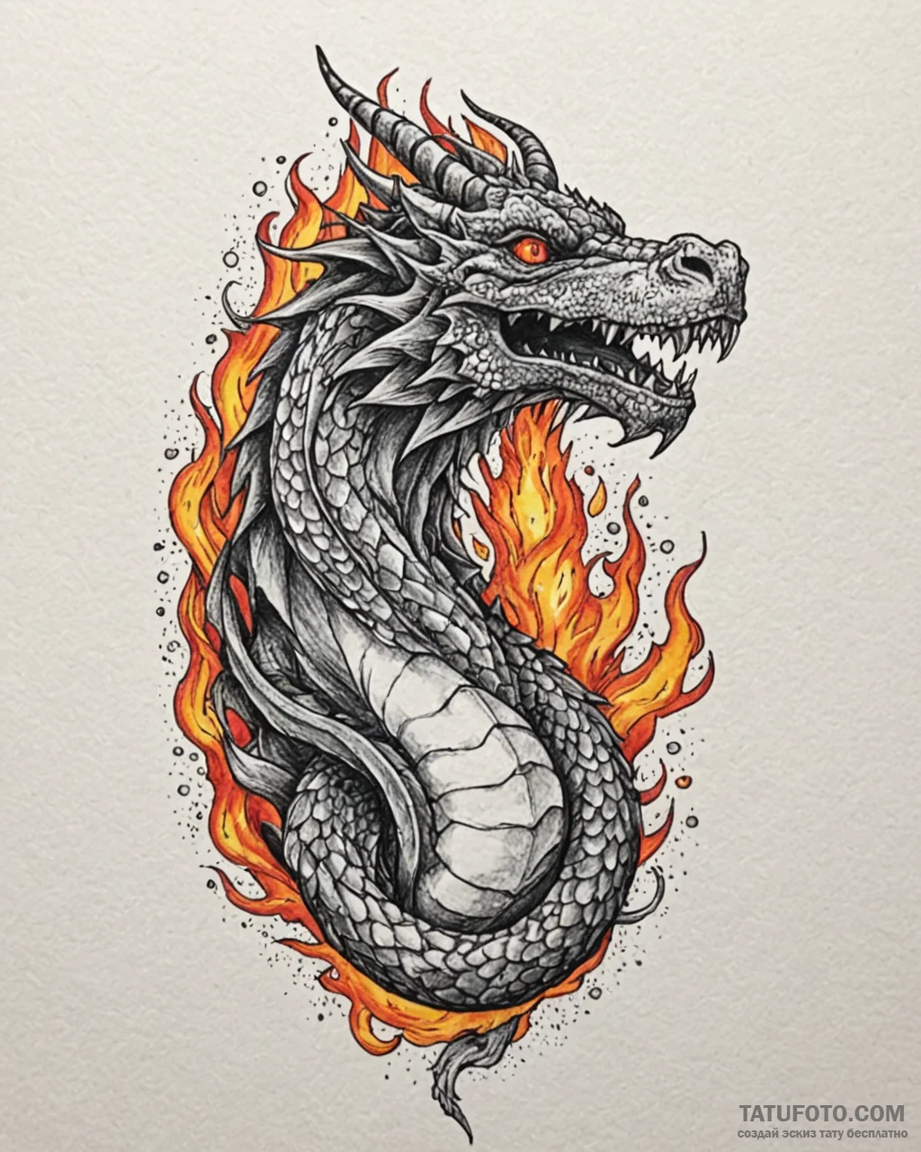 Tattoo sketch, dragon roaring with fire breat... - эскиз тату (№1753410289_0, 25.07.2025 02:24) — Tatufoto.com