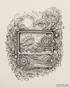 Tat tattoo sketch, vintage radio with ocean w... - эскиз тату (№1753412136_0, 25.07.2025 02:55) — Tatufoto.com