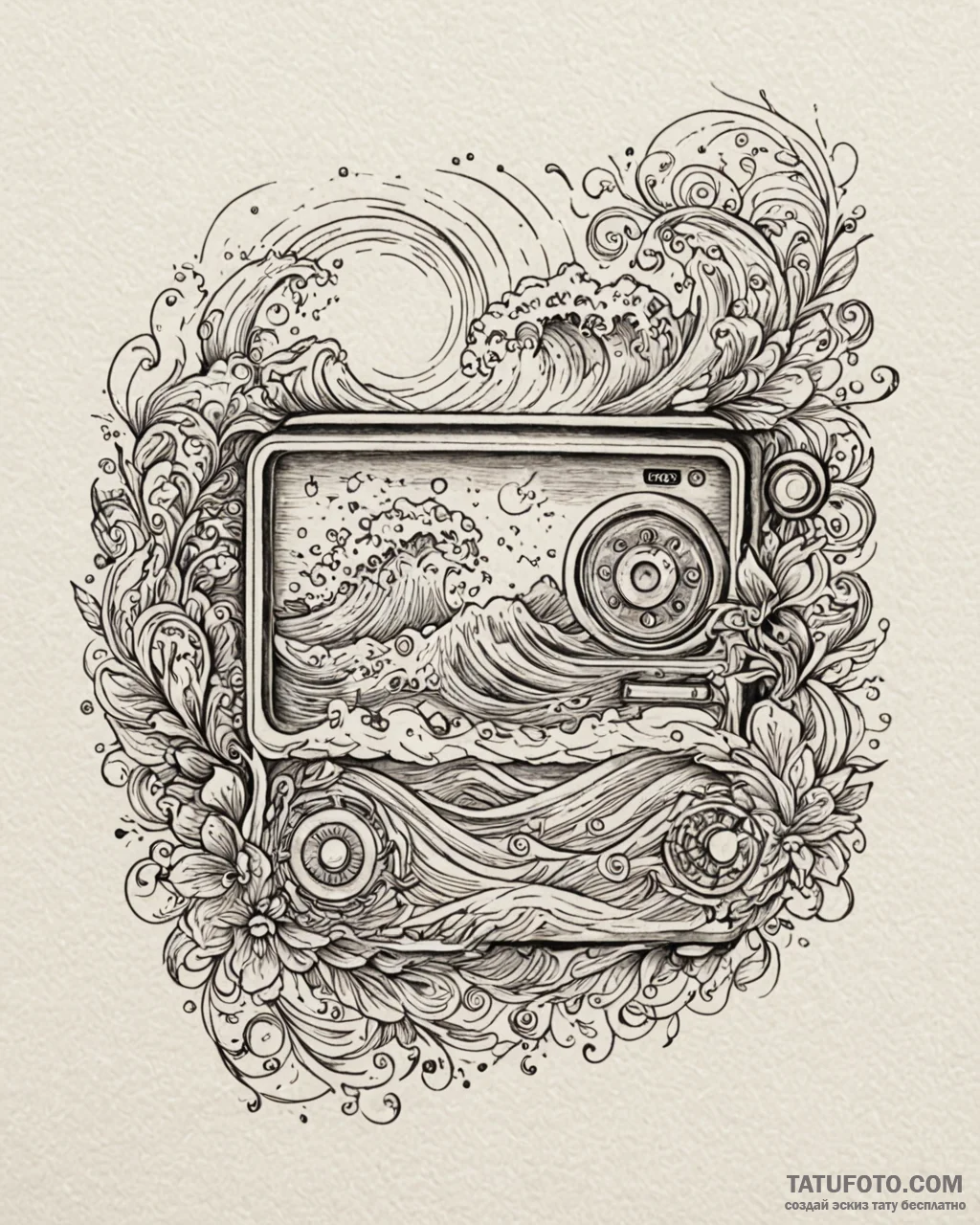 Tat tattoo sketch, vintage radio with ocean w... - эскиз тату (№1753412136_0, 25.07.2025 02:55) — Tatufoto.com