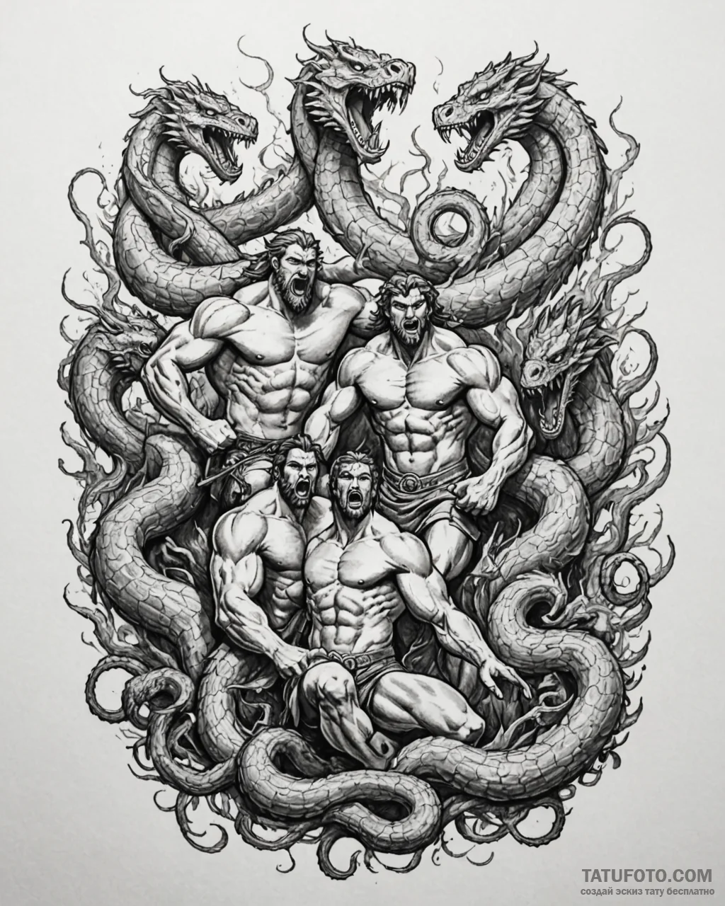 Tattoo sketch, hercules battling multi-headed... - эскиз тату (№1753412956_0, 25.07.2025 03:09) — Tatufoto.com