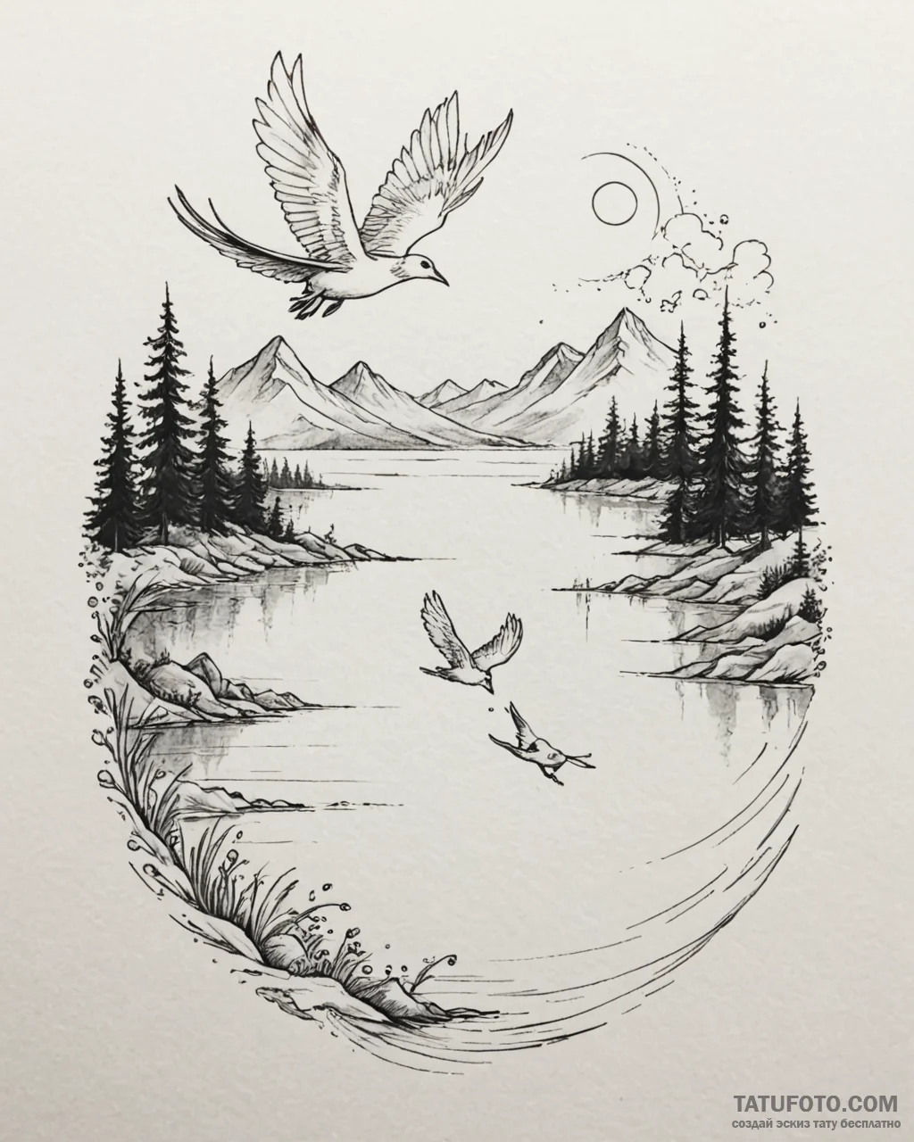 Tattoo sketch, haku and chihiro flying over l... - эскиз тату (№1753414592_0, 25.07.2025 03:36) — Tatufoto.com