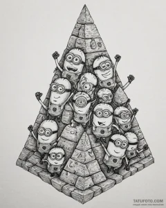 Tattoo sketch, minions stacked pyramid with h... - эскиз тату (№1753416436_0, 25.07.2025 04:07) — Tatufoto.com