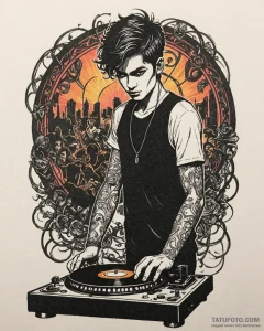 Tattoo sketch, dj silhouette behind turntable... - эскиз тату (№1753417255_0, 25.07.2025 04:20) — Tatufoto.com