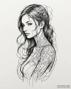 Tat tattoo sketch, female programmer surround... - эскиз тату (№1753418280_0, 25.07.2025 04:38) — Tatufoto.com