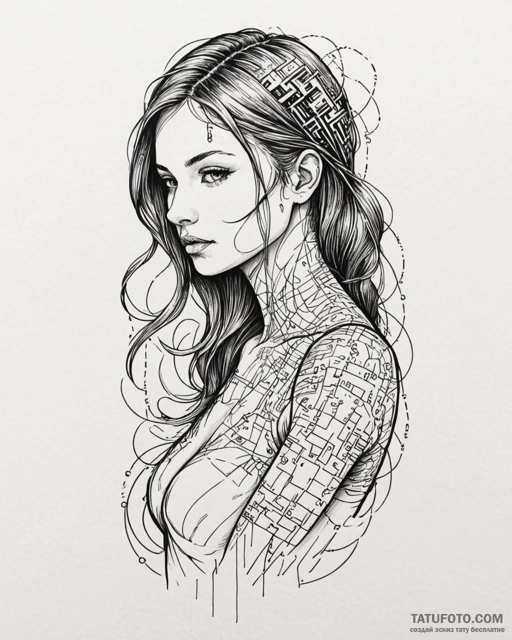 Tat tattoo sketch, female programmer surround... - эскиз тату (№1753418280_0, 25.07.2025 04:38) — Tatufoto.com