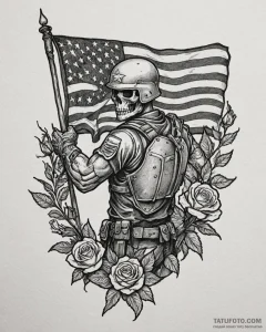 Tat tattoo sketch, soldier holding flag in ba... - эскиз тату (№1753418689_0, 25.07.2025 04:44) — Tatufoto.com