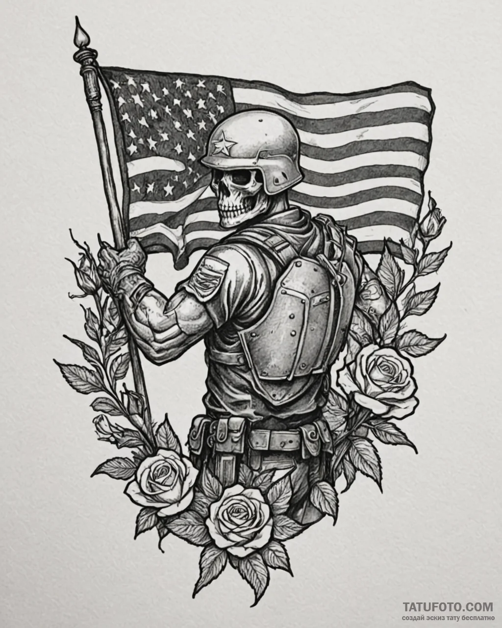 Tat tattoo sketch, soldier holding flag in ba... - эскиз тату (№1753418689_0, 25.07.2025 04:44) — Tatufoto.com