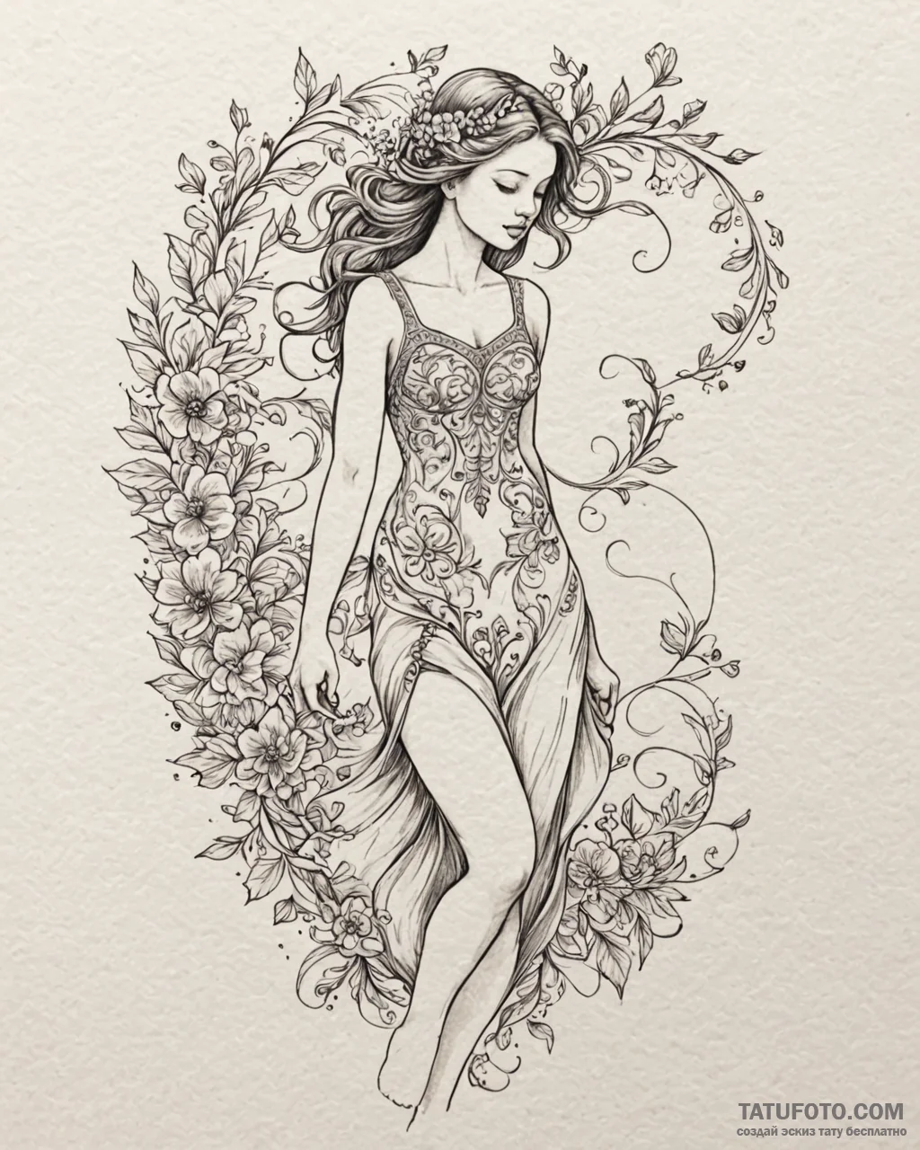 Tattoo sketch, sophie walking through flowers... - эскиз тату (№1753419098_0, 25.07.2025 04:51) — Tatufoto.com