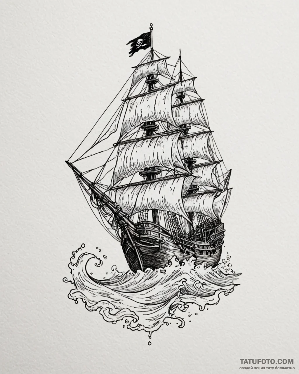 Tattoo sketch, old pirate ship sailing with t... - эскиз тату (№1753419303_0, 25.07.2025 04:55) — Tatufoto.com
