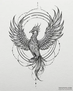 Tattoo sketch, phoenix in mid-flight with tra... - эскиз тату (№1753419507_0, 25.07.2025 04:58) — Tatufoto.com