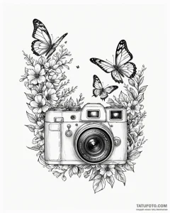 Tat tattoo sketch, blogger’s camera with flor... - эскиз тату (№1753419918_0, 25.07.2025 05:05) — Tatufoto.com