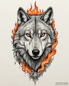 Tat tattoo sketch, wolf with fiery eyes and f... - эскиз тату (№1753421555_0, 25.07.2025 05:32) — Tatufoto.com