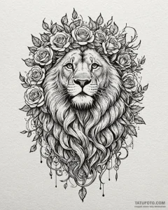 Tattoo sketch, lion crowned with vines and bl... - эскиз тату (№1753421760_0, 25.07.2025 05:36) — Tatufoto.com