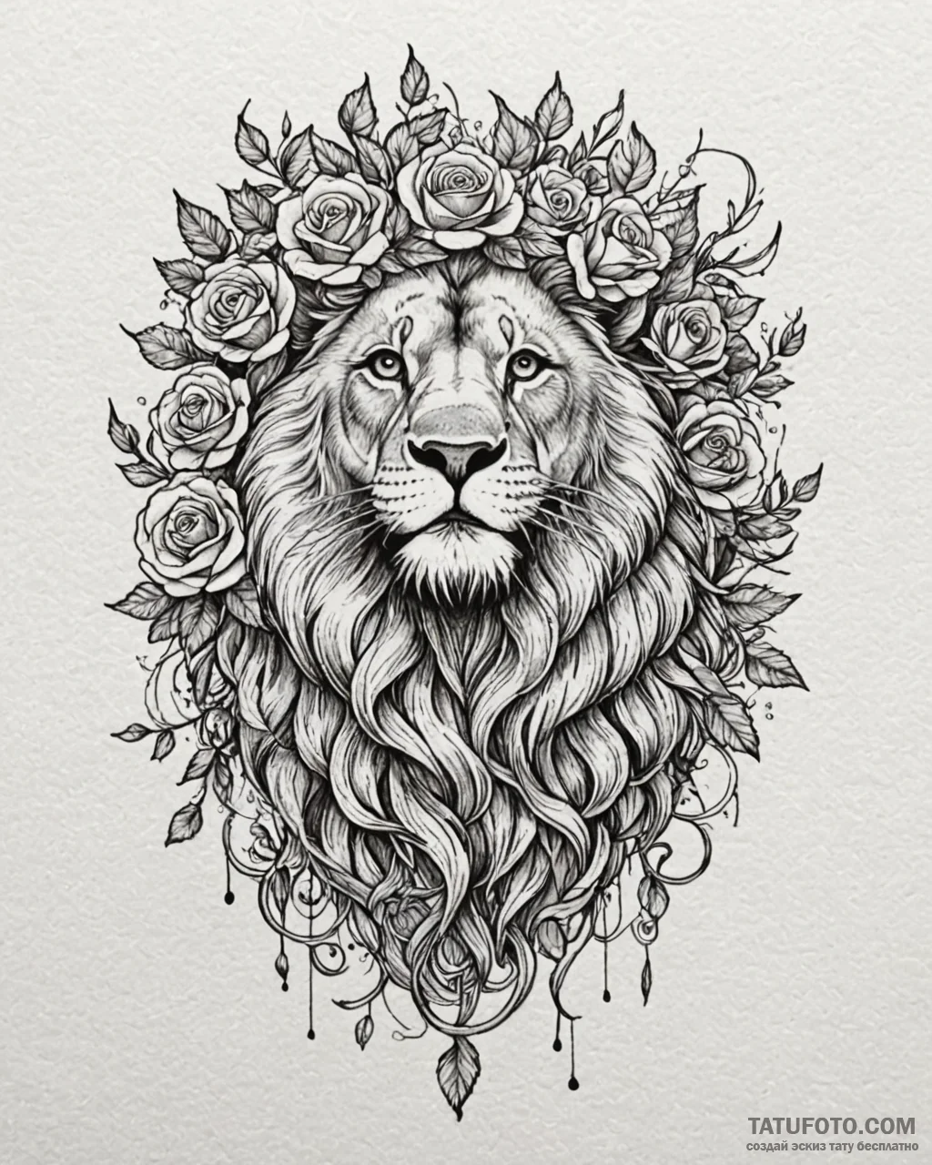Tattoo sketch, lion crowned with vines and bl... - эскиз тату (№1753421760_0, 25.07.2025 05:36) — Tatufoto.com