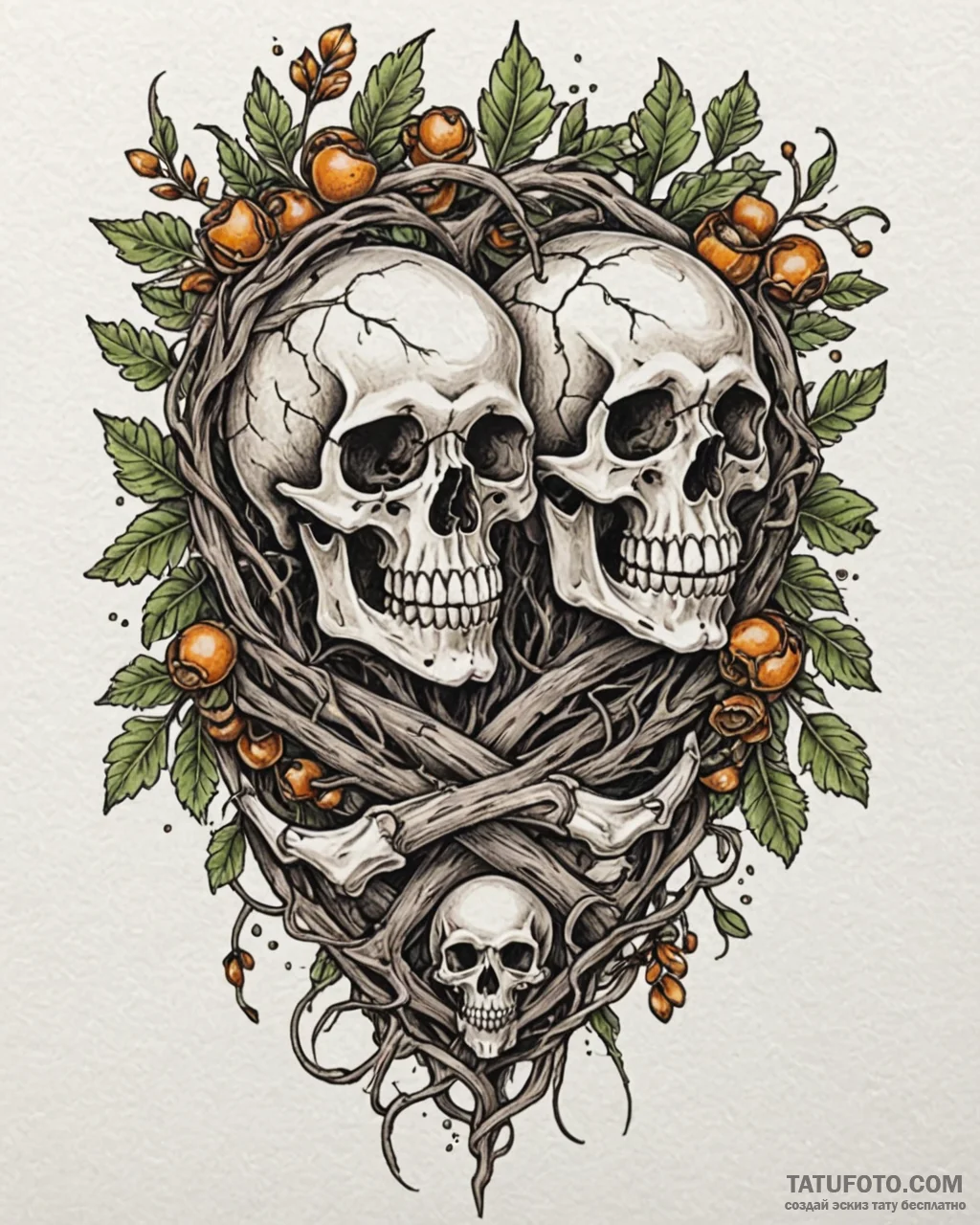 Tat tattoo sketch, skull entwined with oak br... - эскиз тату (№1753422170_0, 25.07.2025 05:42) — Tatufoto.com