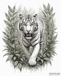 Tattoo sketch, fierce tiger stalking through... - эскиз тату (№1753424629_0, 25.07.2025 06:23) — Tatufoto.com