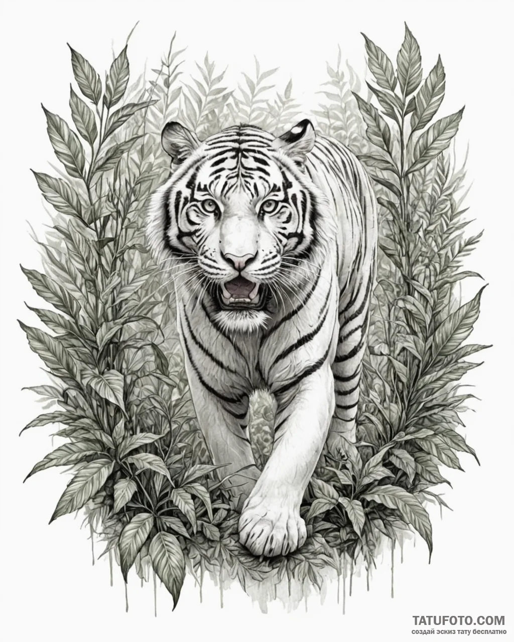 Tattoo sketch, fierce tiger stalking through... - эскиз тату (№1753424629_0, 25.07.2025 06:23) — Tatufoto.com