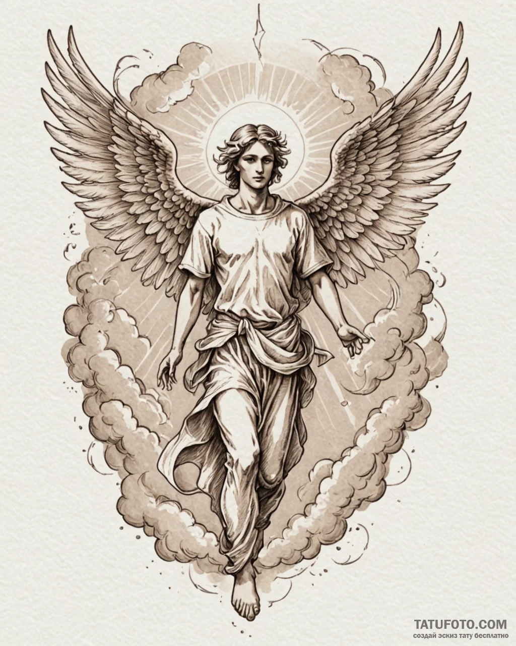 Tat tattoo sketch, angel with large glowing w... - эскиз тату (№1753426676_0, 25.07.2025 06:57) — Tatufoto.com