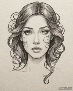 Tattoo sketch, dawn crood’s face close-up wit... - эскиз тату (№1753427700_0, 25.07.2025 07:15) — Tatufoto.com