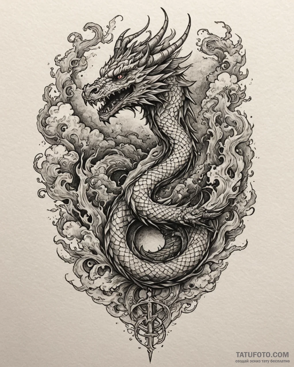 Tattoo sketch, ancient dragon twisting throug... - эскиз тату (№1753428519_0, 25.07.2025 07:28) — Tatufoto.com