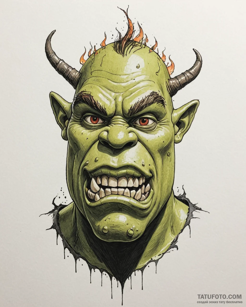 Eskizto, tattoo sketch, shrek with fiery eyes... - эскиз тату (№1753428724_0, 25.07.2025 07:32) — Tatufoto.com