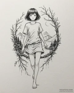 Tattoo sketch, spirited away chihiro walking... - эскиз тату (№1753428939_0, 25.07.2025 07:35) — Tatufoto.com