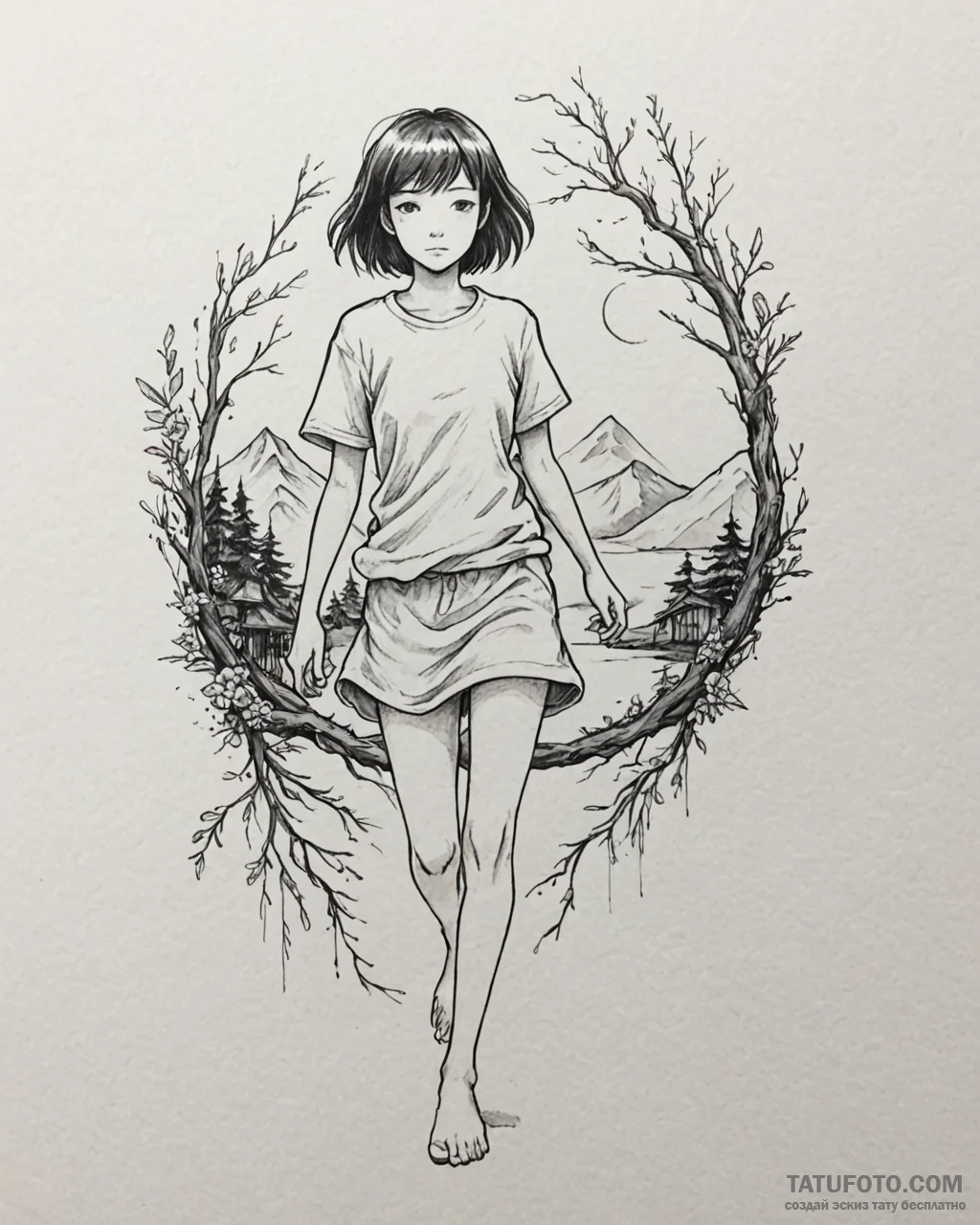 Tattoo sketch, spirited away chihiro walking... - эскиз тату (№1753428939_0, 25.07.2025 07:35) — Tatufoto.com