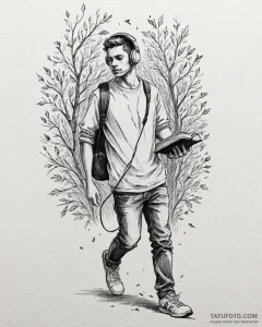 Tat tattoo sketch, college student with books... - эскиз тату (№1753429761_0, 25.07.2025 07:49) — Tatufoto.com
