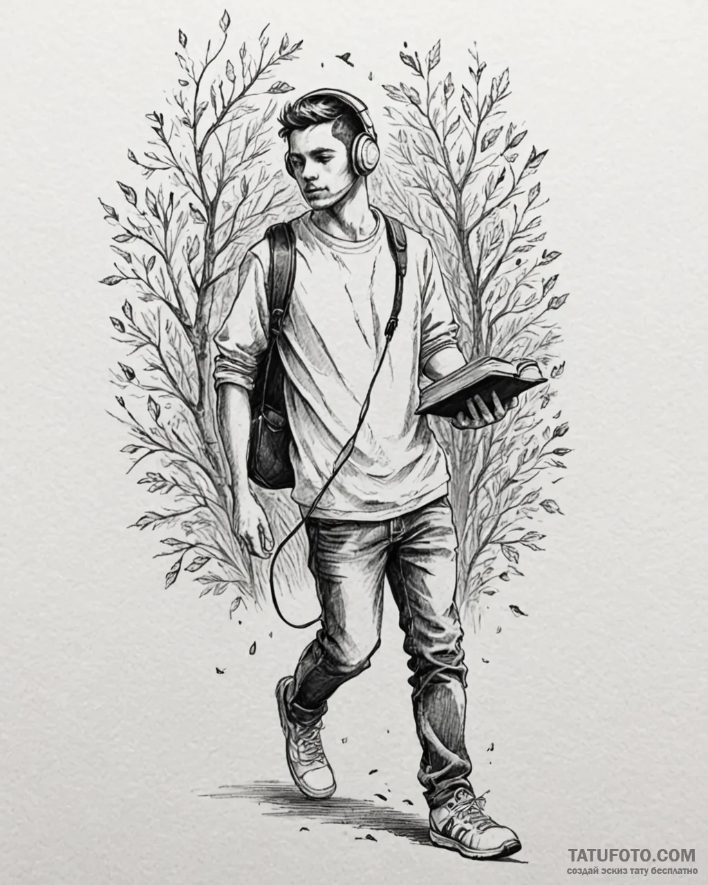 Tat tattoo sketch, college student with books... - эскиз тату (№1753429761_0, 25.07.2025 07:49) — Tatufoto.com