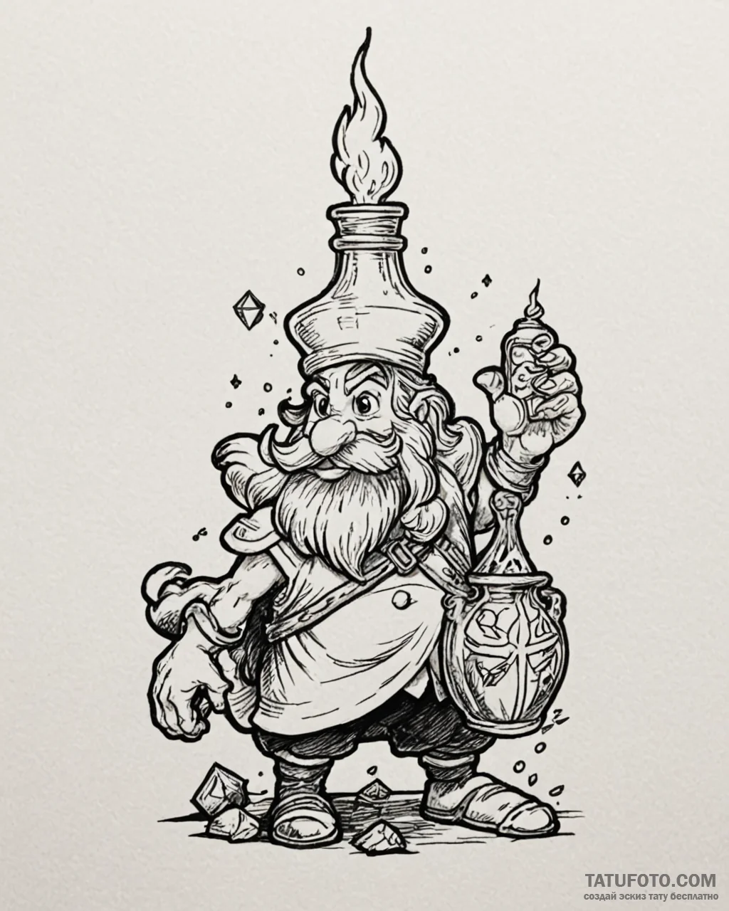 Tattoo sketch, asterix with potion bottle glo... - эскиз тату (№1753430790_0, 25.07.2025 08:06) — Tatufoto.com