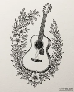 Tattoo sketch, vintage acoustic guitar with i... - эскиз тату (№1753432089_0, 25.07.2025 08:28) — Tatufoto.com