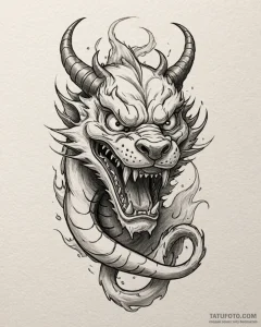 Tattoo sketch, mushu head close-up with fiery... - эскиз тату (№1753434621_0, 25.07.2025 09:10) — Tatufoto.com