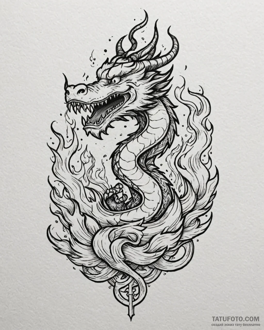 Tattoo sketch, mushu breathing fire with cart... - эскиз тату (№1753438372_0, 25.07.2025 10:12) — Tatufoto.com