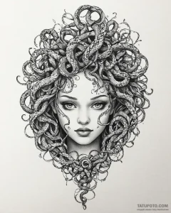 Tattoo sketch, medusa’s face abstracted into... - эскиз тату (№1753441860_0, 25.07.2025 11:11) — Tatufoto.com