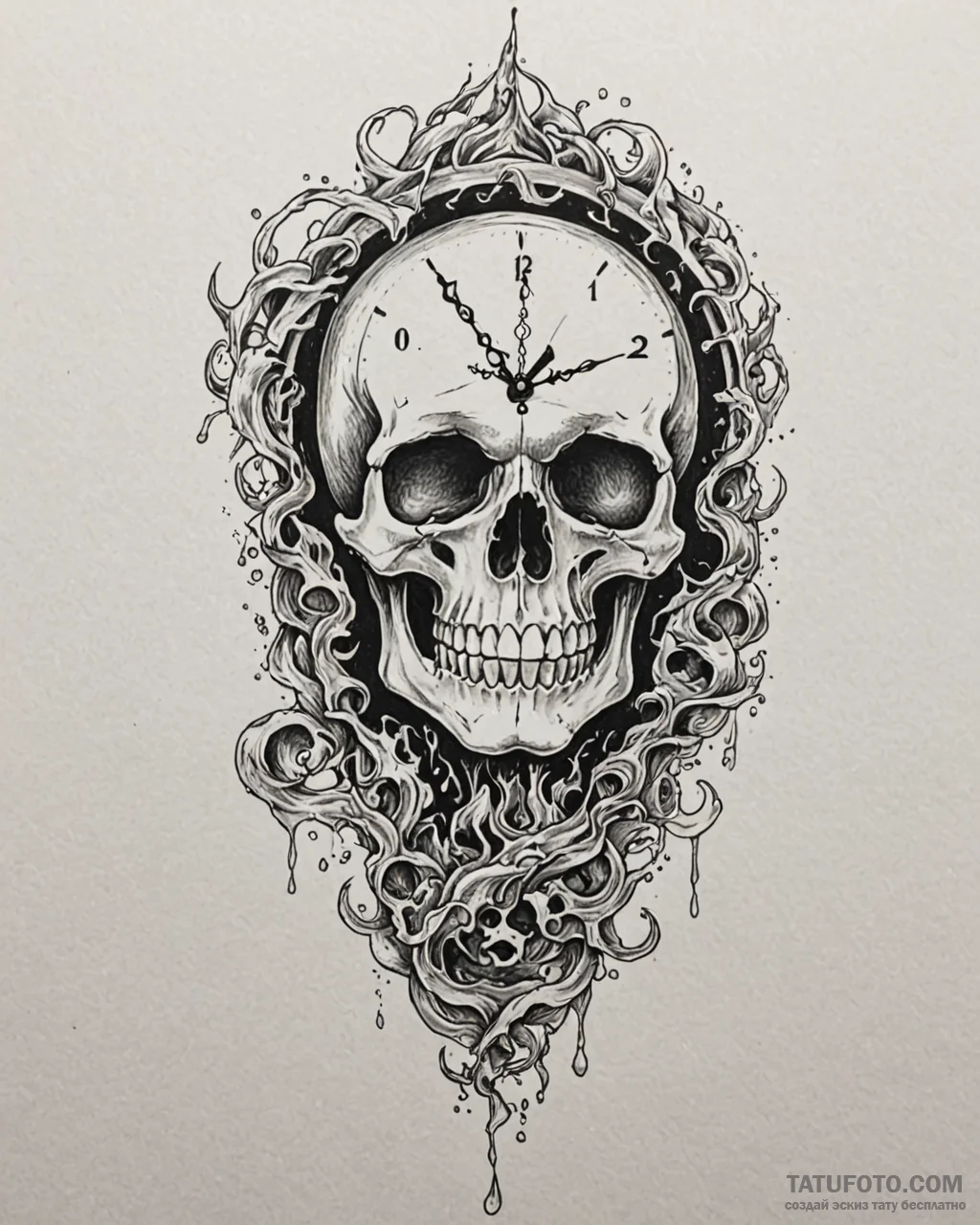 Tattoo sketch, skull clock with melting numbe... - эскиз тату (№1753447297_0, 25.07.2025 12:41) — Tatufoto.com