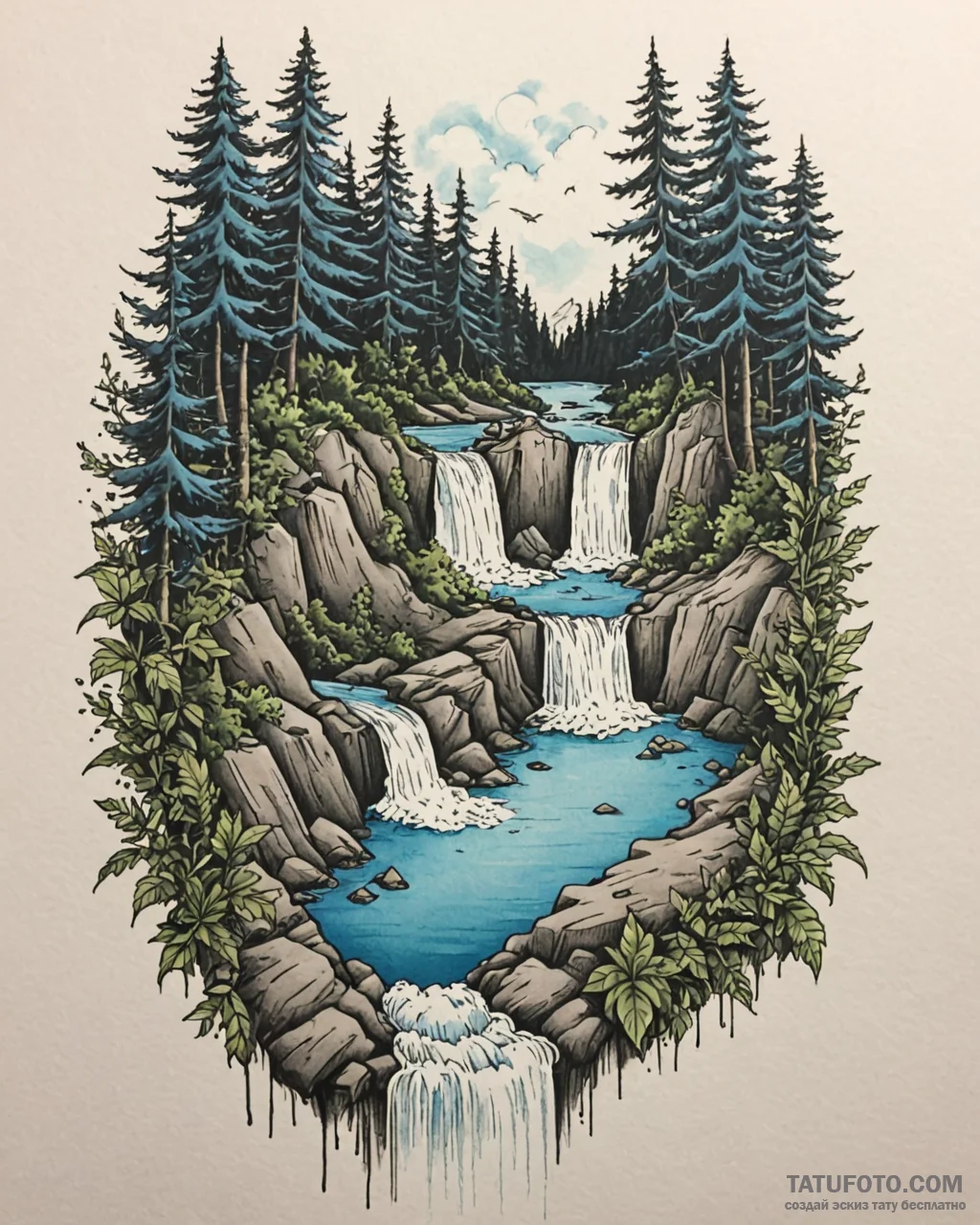Tat tattoo sketch, majestic waterfall plungin... - эскиз тату (№1753447496_0, 25.07.2025 12:44) — Tatufoto.com